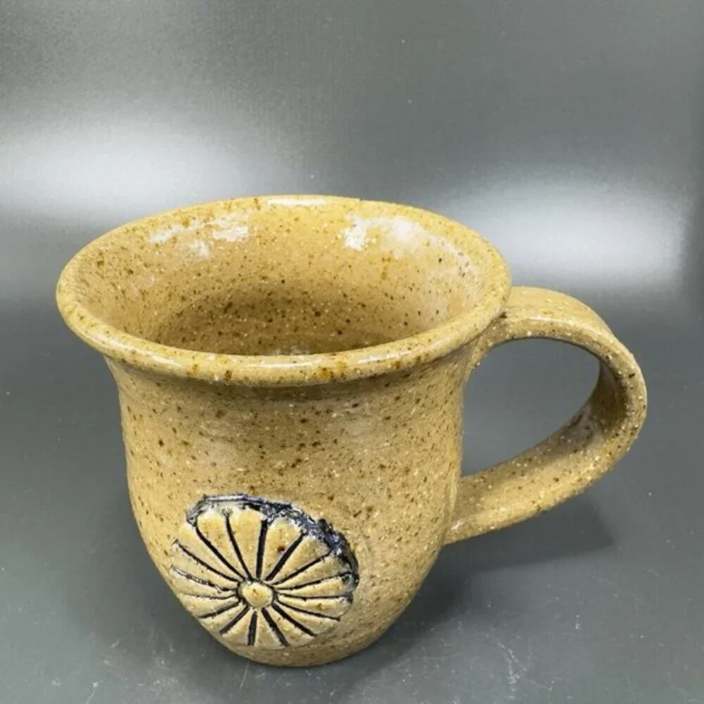 Hand Made Pottery Coffee Mug Cup Stoneware Artist Signed Raised Flower Brown VTG